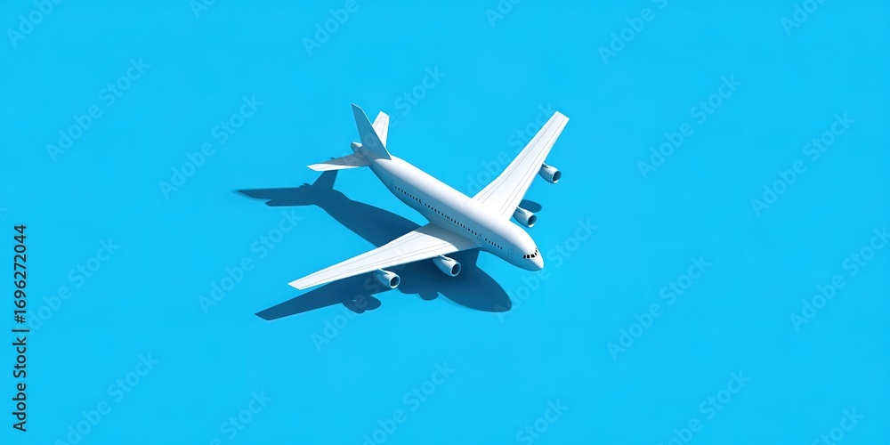 Obraz premium 3D render of a simple white airplane flying on a blue background, in an isometric view, with a minimalistic style