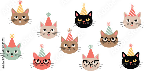 Cute cats with party hats, colorful cat faces, celebration, birthday cats, funny pets, festive animals, kawaii style, flat vector illustration