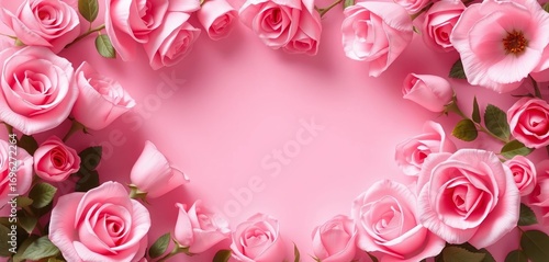 Elegant light pink rose border banner with copy space, horizontal banner, copy space