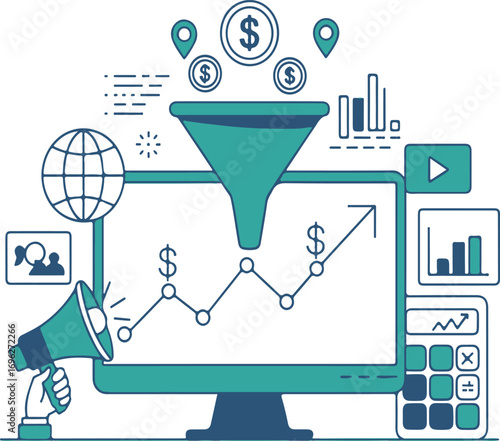Illustration of sales funnel with computer and business elements