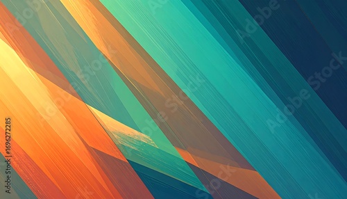 A dynamic abstract design featuring diagonal brushstrokes in vibrant orange, teal, and blue hues.