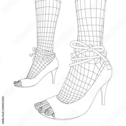 A woman's legs in high heels with laces tied in a bow at the ankle, pointed toe and stiletto heel