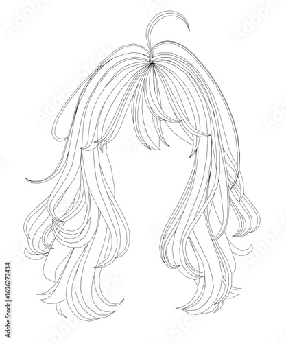 A woman with long wavy hair in a sketch-like contour drawing, free printable coloring page with curls framing the face.