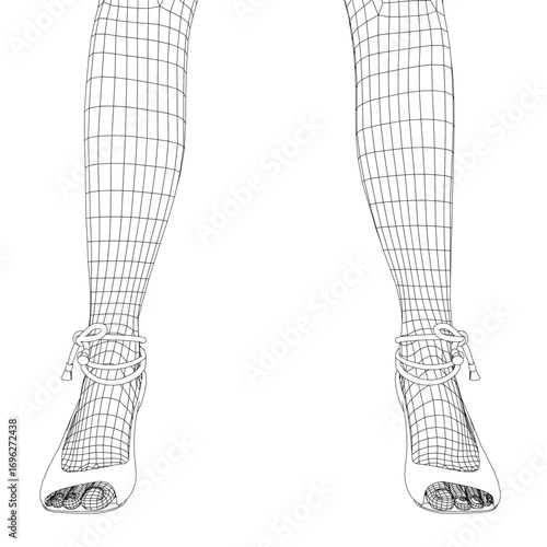 Woman's legs in elegant high heels sketched in black and white contour. The pointed toe and low heel design features laces tied in a delicate bow.