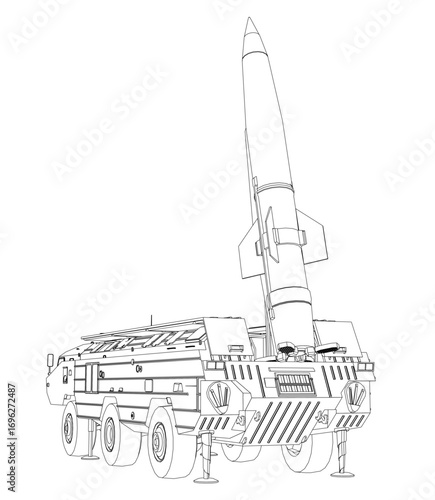 Military vehicle sketch with missile launcher on truck chassis, isolated on white background in clean contour style.