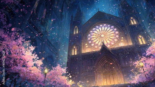 Pink blossoms frame a grand, ornate cathedral against a twilight sky, softly illuminated with warm light