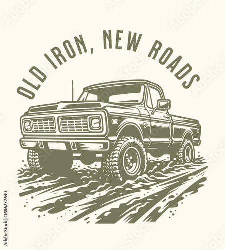 Vintage truck driving through mud off road adventure