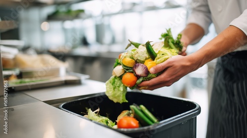 Chef throwing fresh vegetables into trash bin food waste problem in restaurant kitchen