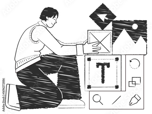 Man assembling user interface from blocks