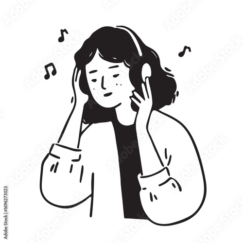vector art illustration: teenager woman listening to music on headphones