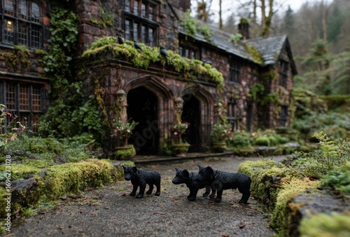 Dark stone building with moss & ivy, 3 toy black wolves on mossy path. Eerie atmosphere
