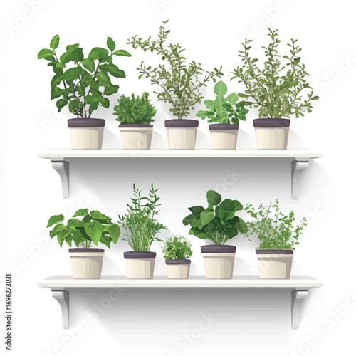 Collection of various green houseplants in pots on white shelves.
