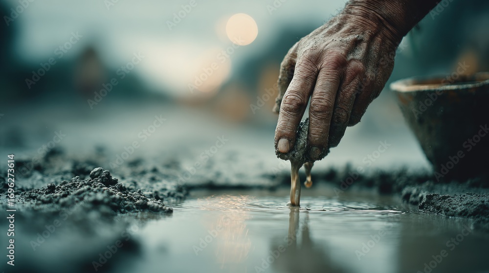 Obraz premium A rough, weathered hand gently touches a puddle, disturbing its surface. Soft light and muted tones create a sense of quiet reflection
