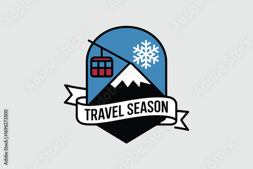 Travel season logo featuring a mountain, snowflake, gondola, and banner in a stylized design