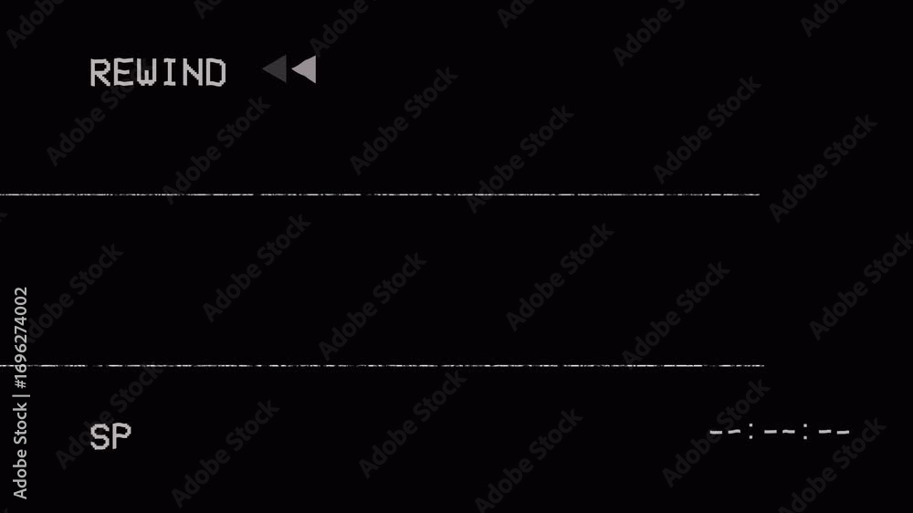 Animation of a vertical VHS tape rewinding on analog TV, showing REWIND text with static noise, visual glitches, artifacts, and imperfections over a black background.