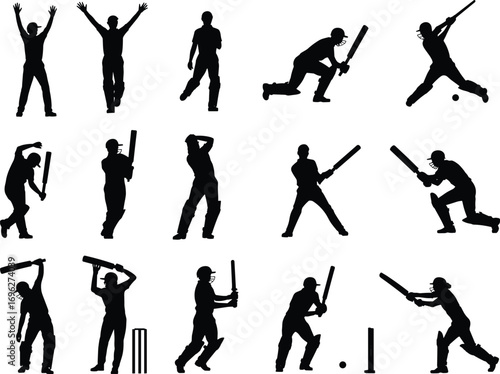 Cricket player silhouettes, batting pose, bowling action, fielding motion, sports vector, black figures, cricket icons, athletic movement, game moments, celebration stance