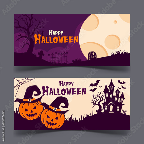 Set of two festive Halloween banners with spooky and fun themes. The designs feature a graveyard scene and a haunted house with pumpkins and bats, perfect for social media or websites.