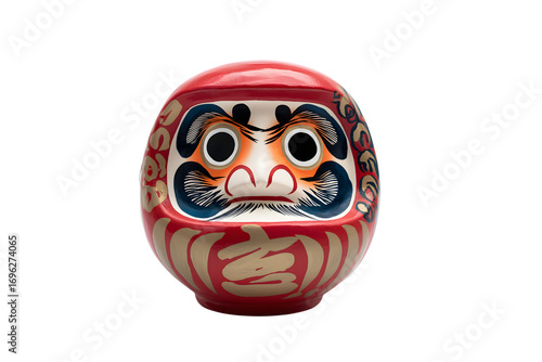 Daruma doll displaying resilience and determination isolated on white background