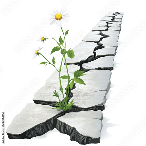 Daisy blooming through cracked path represents resilience and hope in adversity.