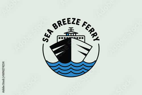 Sea breeze ferry logo featuring a stylized black and white ship over blue waves in a circular design