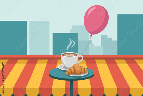 A cup of coffee and a croissant on a table with a balloon in front of a city background scene view