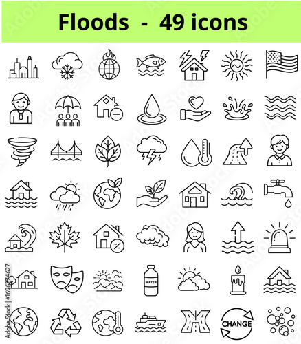 Flood-related icon collection in minimalist line art style  