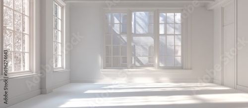 A bright white room with large windows, bathed in sunlight and shadows