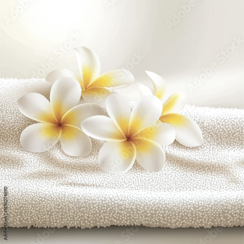 Delicate white and yellow plumeria flowers on a soft towel.