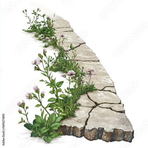 Delicate wildflowers and green plants emerging from cracked stone path.