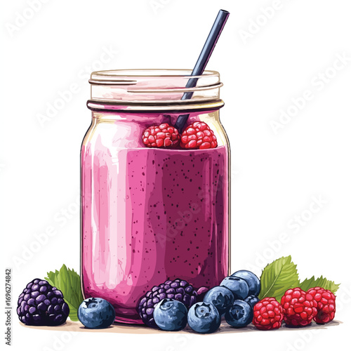 Delicious Berry Smoothie in a Jar with Fresh Fruits and Straw