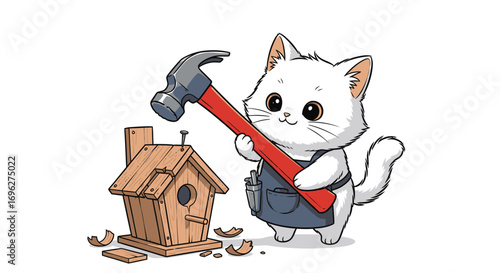 Cute white cartoon cat wearing a blue backpack, smiling.