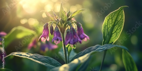Purple Comfrey Flowers Bathed in Sunset Light