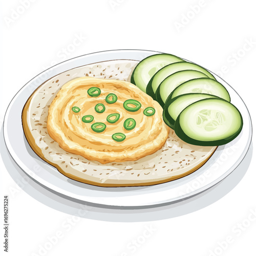 Delicious hummus with fresh cucumber slices on a white plate.