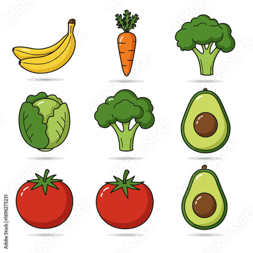 Healthy Food and Drink Vector Icons Fruits Vegetables Organic Nutrition