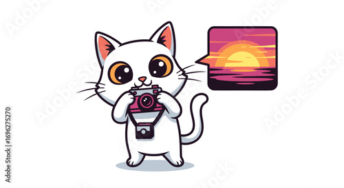 Cute white cartoon cat wearing a blue backpack, smiling.