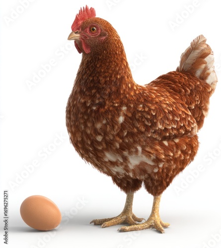 Brown hen, side view, with a single egg in front, isolated on white. Soft shadows