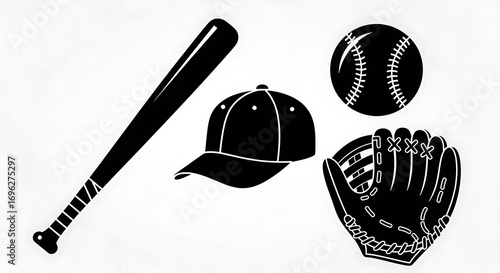 Simple Black and White Baseball Equipment Illustration