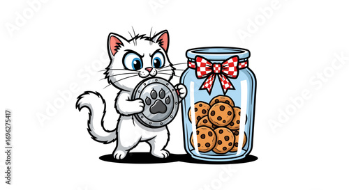 A mischievous white cartoon cat holding a paw print coin next to a glass jar of chocolate chip cookies.