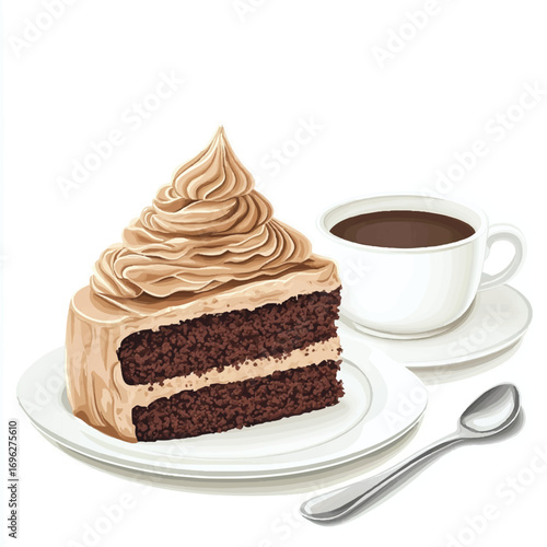 Delicious Slice of Chocolate Cake with Coffee and Spoon on Plate