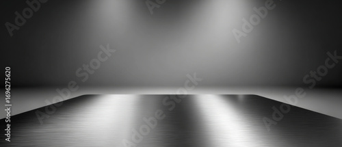 a sleek gray background with a metallic tabletop for product display