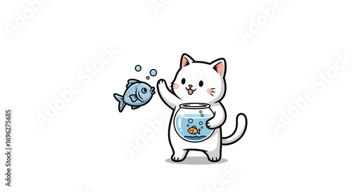 A cute white cat with a fishbowl on its belly, waving at a fish with bubbles.