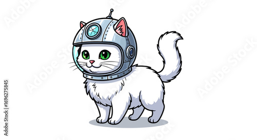 A cute white cat wearing a silver astronaut helmet with a clear visor, ready for space exploration.