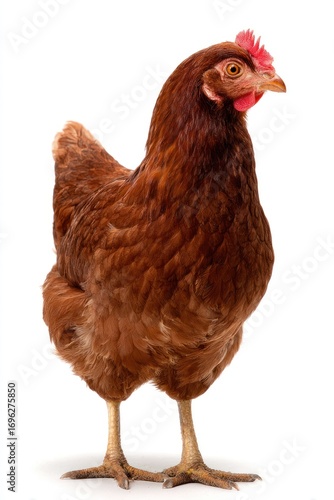 A brown chicken stands on a white background, staring ahead with a red comb and wattle. Isolated poultry image