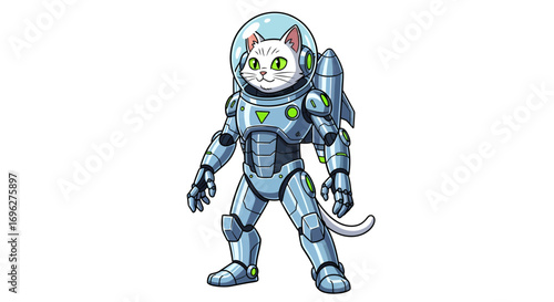 Cartoon illustration of a white cat wearing a futuristic silver and green space suit with a rocket backpack.