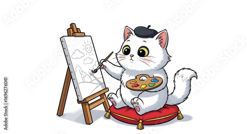A charming white cartoon cat wearing a beret, sitting on a red cushion, painting a landscape on an easel with a palette.