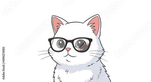 Cartoon white cat with glasses, looking at the viewer, on a white background.