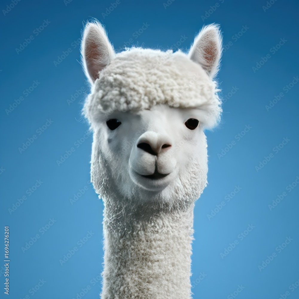 Obraz premium A fluffy, white alpaca head portrait against a bright blue sky gazes directly at the viewer. Soft lighting