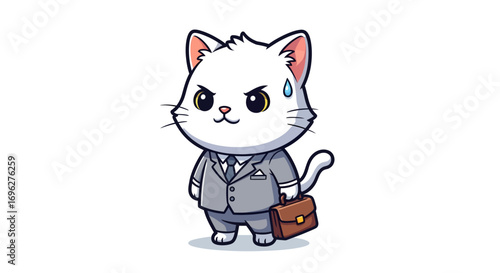 Angry white cat in business suit carrying briefcase.