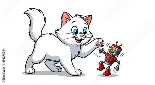 A playful white cartoon cat with blue eyes happily batting at a small red toy robot on a white background.