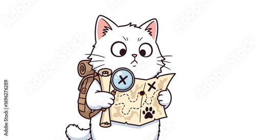 A curious white cat wearing a backpack and holding a magnifying glass over a treasure map.
